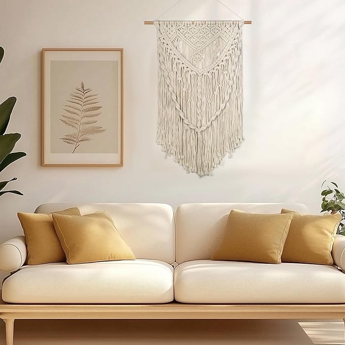 JONKASIPA Macrame Wall Hanging - Bohemian Handmade Woven Tassel Tapestry Chic Lace Hanging Home Decor,Macrame Wall Decor for Bedroom,Living Room or Apartment(White)