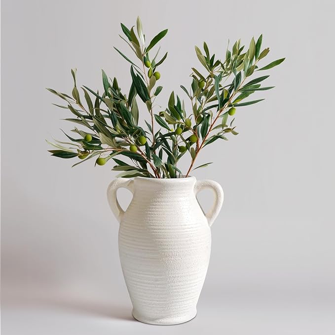 Sunddo White Ceramic Vase for Home Decor, 8 inch Farmhouse Flower Vase with 2 Handles, Rustic Boho Pottery for Room Decor Aesthetic, Bathroom Table Fireplace Decorative