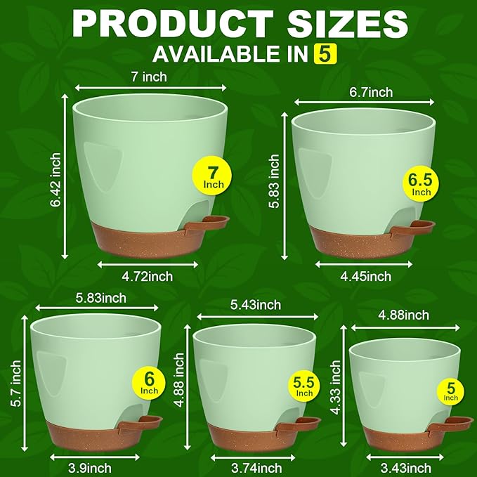 Uneed Indoor Self Watering Planters with Drainage Holes and Saucers, 7/6.5/6/5.5/5 Inch-5 Pots,for Indoor Plants, Herbs, Succulents-Green