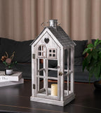 Large Farmhouse Wooden Metal Candle Lantern Set of 2, Rustic Decorative Floor Lanterns, Indoor/Outdoor Village Houses Lantern for Home Decor (No Glass)