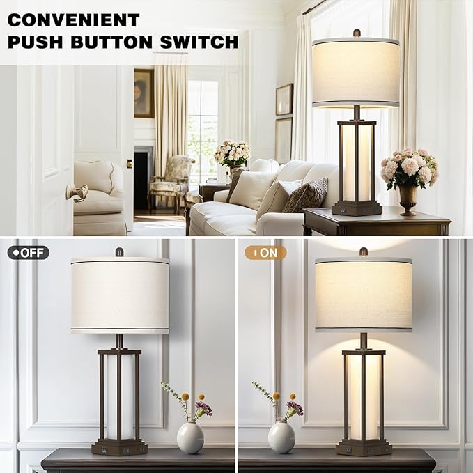 27" Tall Vintage Table Lamps with USB C+A & Outlet,Brown End Table Lamp Set of 2 for Living Room,Rustic Bedside Lamps with Frosted Glass Night Light for Bedroom Nightstand,Oil-Rubbed Bronze