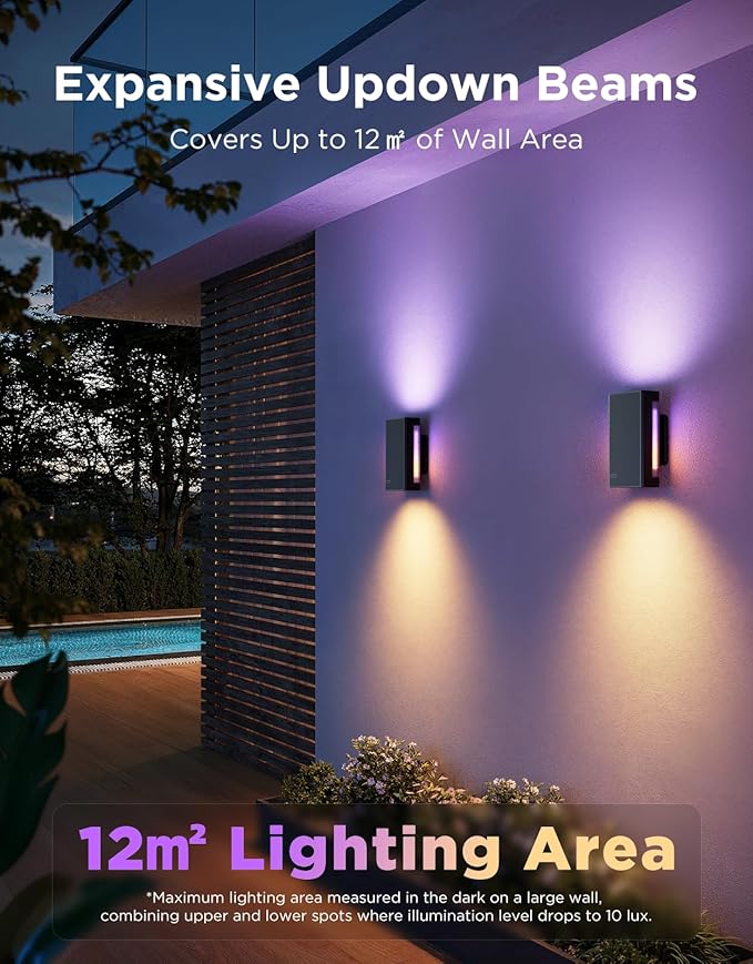 Govee Outdoor UpDown Wall Light, 1 Pack, 1200LM RGBICWW Smart Porch Lights Outdoor with 64 Scene Modes, IP66 Waterproof Wall Sconce for Outdoor Decor, Works with Alexa, Google Assistant and Matter