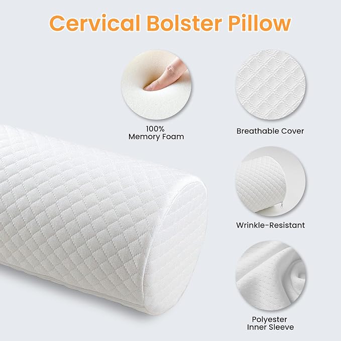 Neck Pillow for Sleeping, Cervical Pillow with Washable Zippered Cover, Cervical Round Pillow for Support with Breathable Cover, Tube Roll Cervical Pillow for Head, Neck, Back Support (White)