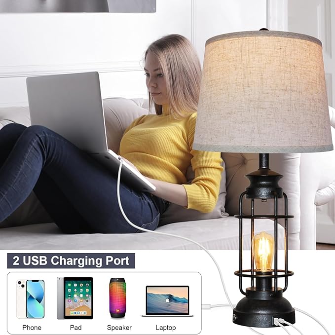 Table Lamps Set of 2 with USB Port 3 Way Dimmable Touch Lamps 28.5" Tall Rustic Industrial Living Room Lamps for Bedroom Bedside Office 4 Bulbs Included