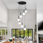 7-Lights Black Chandelier with Milk White Glass Hanging Fixture Light for Kitchen Island Mid Century Modern Globe Pendant Light for Foyer Living Room Entryway Hallway