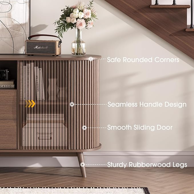 63" Storage Cabinet with Doors,Sideboard Buffet Cabinet, Accent Console Cabinet with Solid Wood Legs and Drawers,Fluted Buffet Table for Living Room, Entryway, Kitchen, Walnut