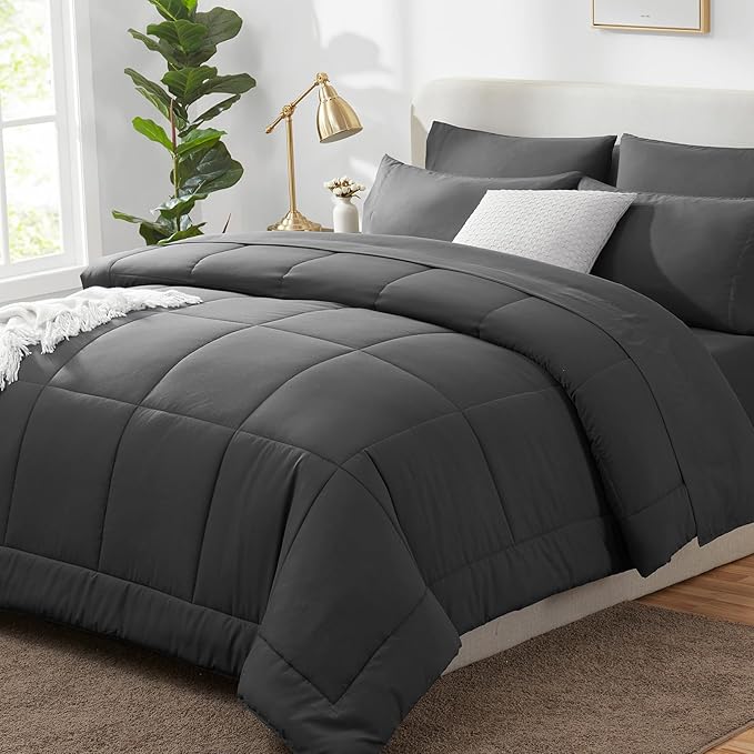 CozyLux King Size Comforter Set Dark Grey, 7 Pieces Bed in a Bag, Dark Grey Comforter King Size, All Season Bedding Sets with Stitch Quilted Comforter, Flat Sheet, Fitted Sheet, Pillowcases