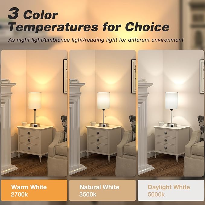White Bedside Lamp for Bedroom - 3 Color Temperatures Desk Lamp with USB C and A Ports, Pull Chain Table Lamp with AC Outlet, Nightstand Lamp with Silver Metal Base for Kids Girls