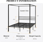 SHA CERLIN Canopy Bed Frame Queen Size/Mattress Foundation with Metal Slats Support/No Box Spring Needed/Easy Assembly/Black
