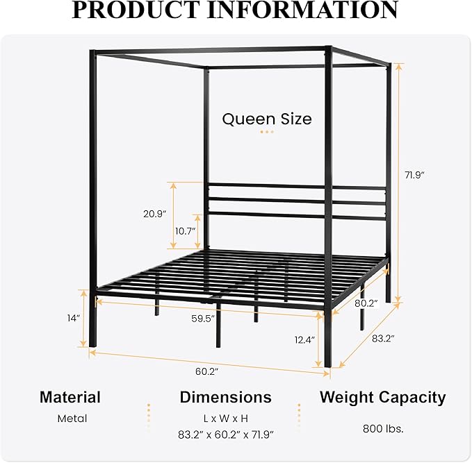 SHA CERLIN Canopy Bed Frame Queen Size/Mattress Foundation with Metal Slats Support/No Box Spring Needed/Easy Assembly/Black