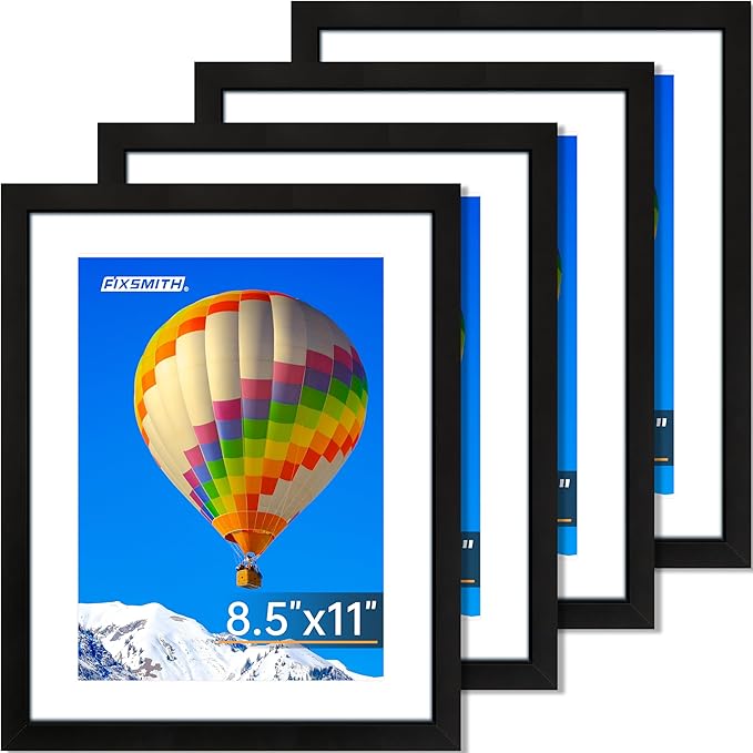 FIXSMITH 8.5x11 Picture Frame Set of 4, Photo Frame with HD Plexiglass, Display Pictures 6x8 with Mat or 8.5x11 Without Mat, Black Picture Frames Collage Wall Decor, Gallery Wall Frame