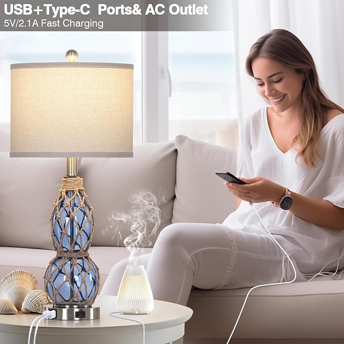 26" Coastal Glass Table Lamps Set of 2, 3-Way Dimmable Touch Lamps with USB Ports and AC Outlet, Nautical Bedside Lamps for Bedroom Living Room