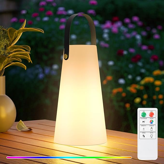 Portable Outdoor Table Lamp, Cordless Rechargeable Outdoor Table Lanterns RGB LED Lights with Remote, IP44 Water-Resistant Battery Operated Hanging Lamp for Patio Garden Camping Dining Room