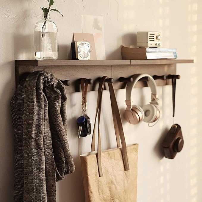 Entrance Coat Rack ，Coat Hooks, Wall-Mounted Wooden Hook Rack, Wall-Mounted Shelves are Very Suitable (Walnut Colored Finish-2)