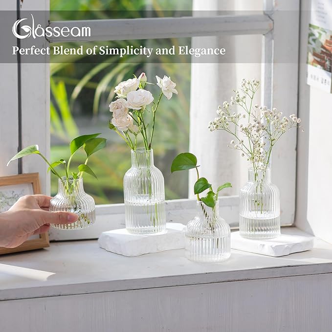 Glasseam Glass Bud Vases for Centerpieces: Modern Small Flower Vase Set of 4 for Home Decor - Clear Mini Table Centerpieces for Minimalist Living Room Shelf Kitchen Wedding Party Decorations