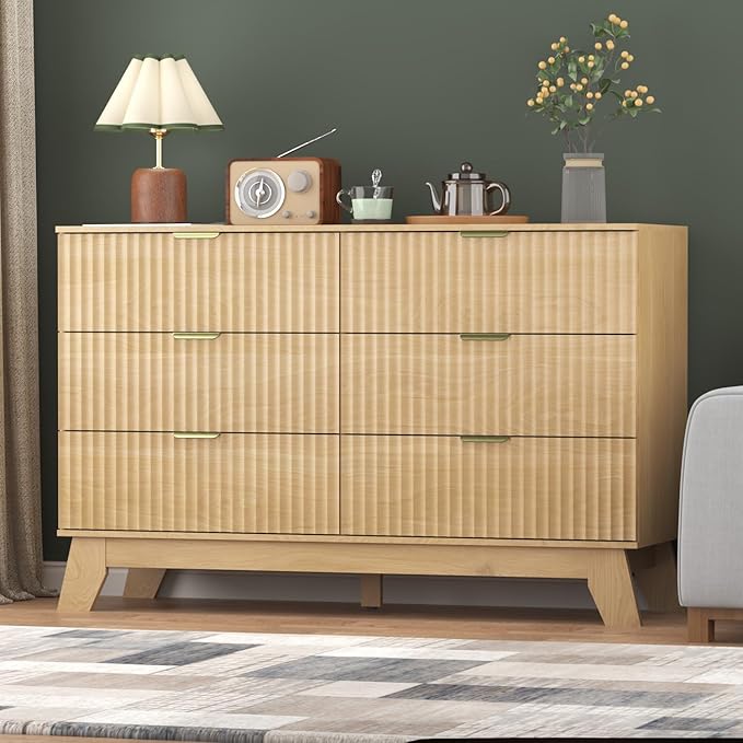 Fluted Dresser for Bedroom,6 Drawer Dresser for Closet,47" Wide Storage Cabinet and Chest of Drawers with Gold Handle,TV Stand,Storage Organizer for Living Room,Hallway,Entryway,Nature Oak