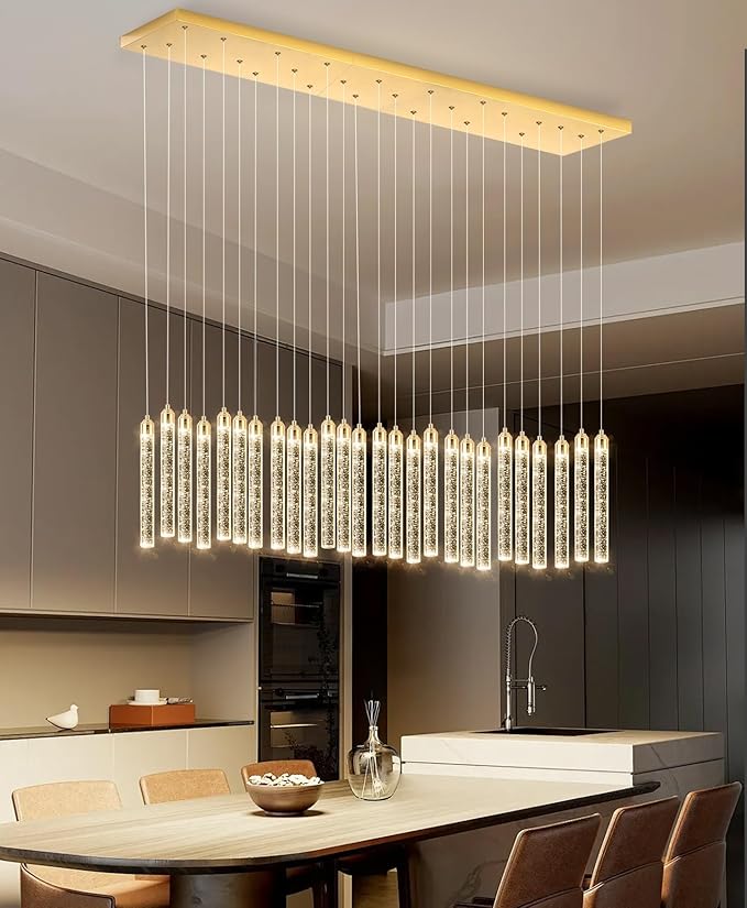 Rectangular Chandeliers 26-Lights Long Light for Entryway LED Dimmable Chandeliers Lighting Fixture Flat Sloped High Ceiling Pendant Lights Crystal for Living Room Foyer Hallway Staircase Gold