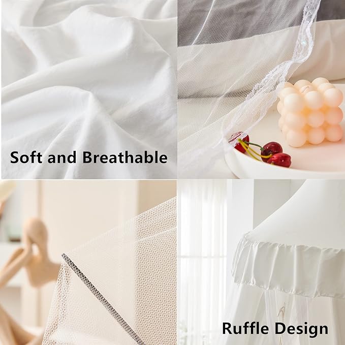 VETHIN Bed Canopy for with Lights,Double Layer Princess Round Dome Dreamy Mosquito Net Bedding Girls Room Castle Play Tent Hanging House Decor Reading Nook Canopies(White/White)