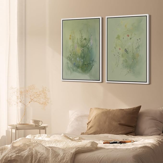SIGNFORD Framed Canvas Print Wall Art Set Whimsical Green Wildflower Illustration Modern Art Decorative Nordic Nature for Living Room, Bedroom, Office - 16"x24"x2 White