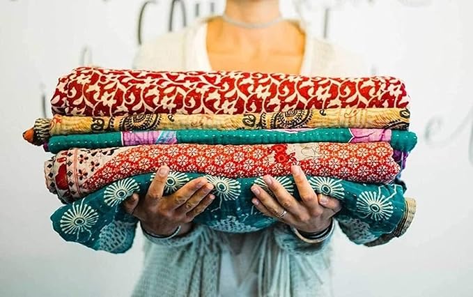 Wholesale Lot of Indian Vintage Kantha Quilt Handmade Throw Reversible Multicolor Cotton Fabric Bohemian Kantha Blanket 85X55 Inch 2 Pcs Lot
