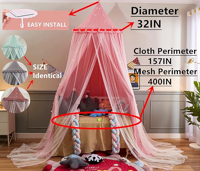 VETHIN Bed Canopy for with Lights,Double Layer Princess Round Dome Dreamy Mosquito Net Bedding Girls Room Castle Play Tent Hanging House Decor Reading Nook Canopies(Green/White)