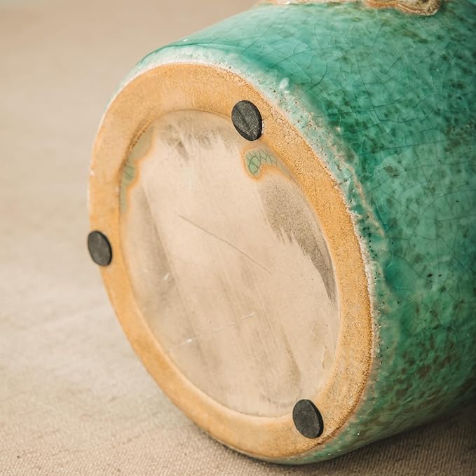 Green Rustic Ceramic Vase, 5.8 Inch Distressed Wide Mouth Vase with Ice Cracked Glazed, Farmhouse Vintage Flower Vases for Home Office Decor Living Room Bedroom Table Centerpiece Decorations