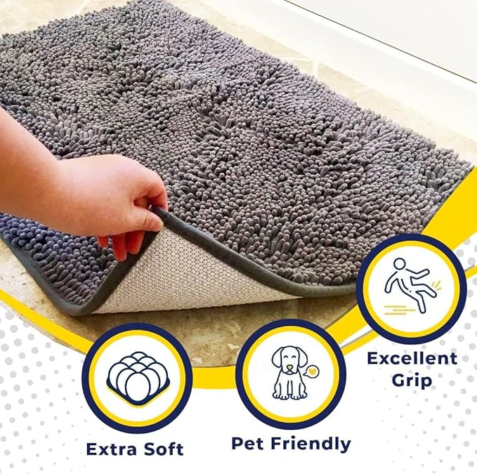 Muddy Mat® 4-Piece Grey Medium 30"X19" AS-SEEN-ON-TV Highly Absorbent Microfiber Door Mat, Bath Mat and Pet Rug, Non Slip Thick Washable, Soft Chenille for Kitchen Bathroom Bedroom Indoor and Outdoor