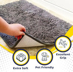 Muddy Mat® 4-Piece Grey Medium 30"X19" AS-SEEN-ON-TV Highly Absorbent Microfiber Door Mat, Bath Mat and Pet Rug, Non Slip Thick Washable, Soft Chenille for Kitchen Bathroom Bedroom Indoor and Outdoor