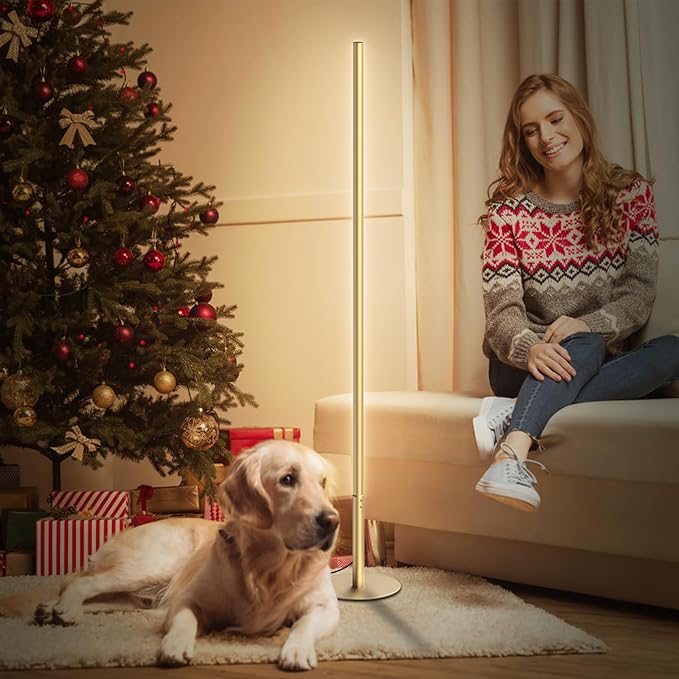 Marlrin Minimalist Corner Floor Lamp 2700K-6500K Dimmable with Remote Control 57.8" Height Metal Slim Ambient Standing LED Light Modern Design Decorative Lamp for Living Room Bedroom (Gold)