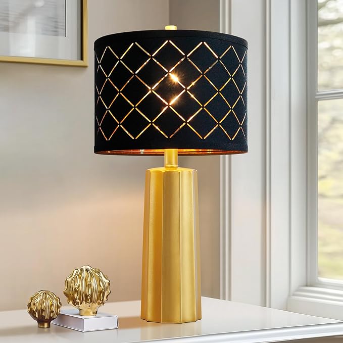 RORIANO 24" Modern Table Lamp for Living Room Bedroom, Gold Nightstand Resin Lamp with Black Grid Shade