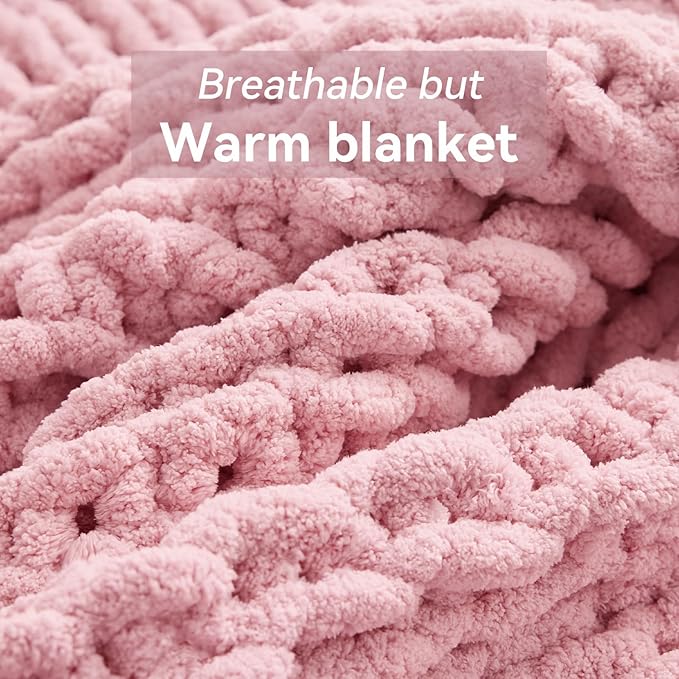 Chunky Knit Throw Blanket, 40''*50'' Knitted Throw Chenille Yarn for Bed Couch, Handmade Light Pink Crochet Big Thick Blanket, Machine Washable Cute Comfy Blanket for Home Decor