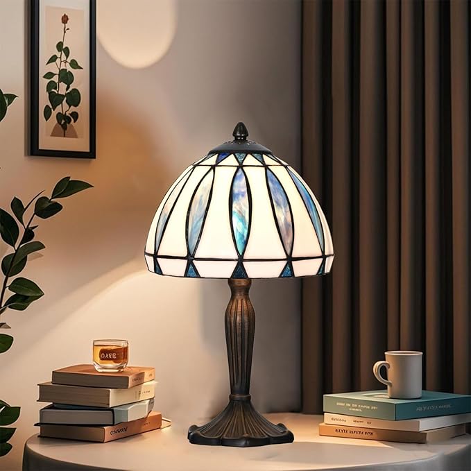 TL0034 Tiffany Style Table Lamp with Stained Glass Shade, Vintage Bronze Base W 8" x OH 14.25", Great for Home Office Small Space, LED Bulb Included (Blue White)