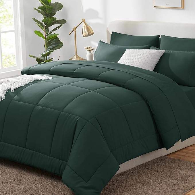 CozyLux Queen Comforter Set Forest Green, 7 Pieces Bed in a Bag, Green Comforter Queen Size, All Season Bedding Sets with Stitch Quilted Comforter, Flat Sheet, Fitted Sheet, Pillowcases