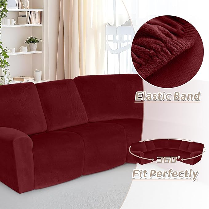 Arfntevss Sectional Recliner Couch Covers Velvet Corner Sectional Sofa Cover for Reclining Couch Stretch Soft L Shape Recliner Slipcover Thick U Shaped Washable Protector (5 Seat Cover, Wine Red)