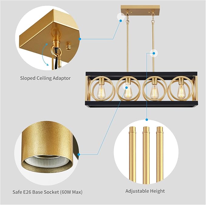 XINGQI Modern Rectangle Chandelier, Farmhouse Kitchen Island Lighting Rustic Industrial Hanging Light Fixture 4-Light Metal Linear Pendant for Dining Room Living Room Hallway, Black and Gold