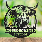 Personalized Highland Cow Name metal Signs,Custom Highland Cow Metal Shed Wall Decor,Black Metal Wall Art Plaques Outdoor wall Decorative Signage (Style F)
