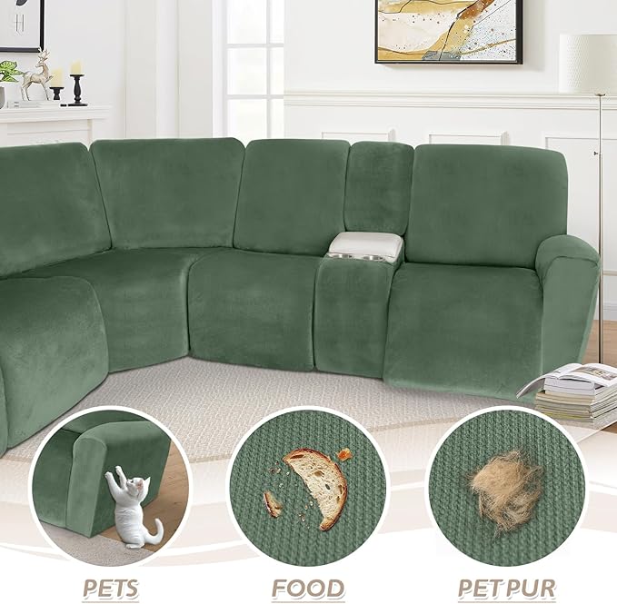 Arfntevss Sectional Recliner Couch Covers Velvet Washable Corner Sectional Sofa Cover for Reclining Stretch Soft Thick L Shape Recliner Slipcover Set (5 Seat with 2 Console Cover, Grayish Green)