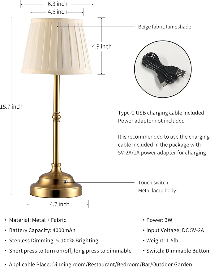 KDG Cordless LED Table Lamp Set of 2, Portables Fabric Shade Desk Lamps, 4000mAh Rechargeable Battery Powered Lighting, Dimmable Light for Dining Room, Bedroom, Bedside, Night Light, Balcony (Bronze)