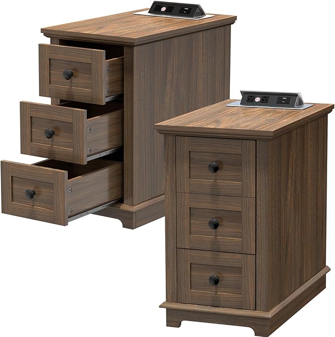 HIFYOBRO Narrow End Table Set of 2, 3 Drawers and Charging Station, Type-C & USB Port & Power outlets, Wooden End Table, Side Table with Storage for Living Room, Bedroom Nightstands