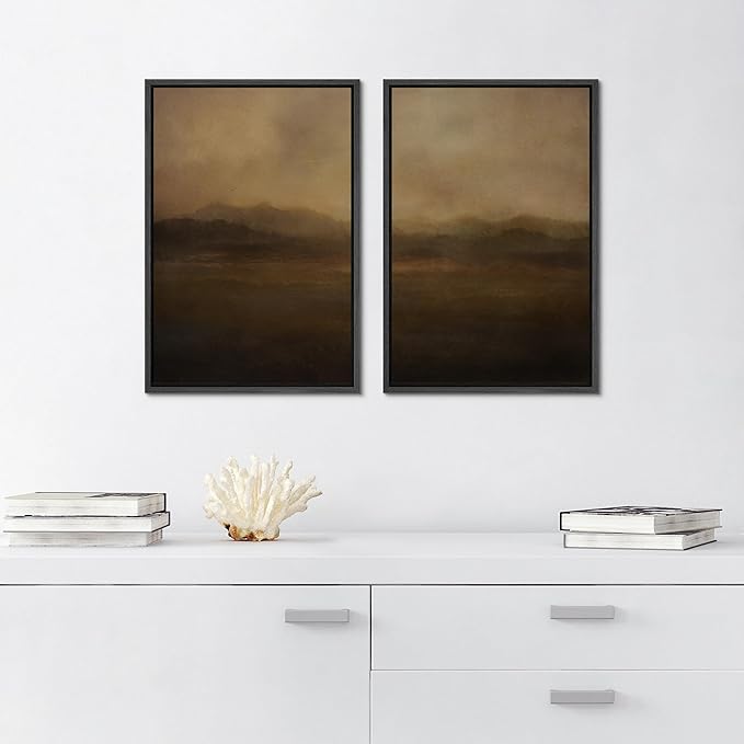 SIGNFORD Framed Canvas Print Wall Art Set Serene Misty Mountains Illustrations Modern Art Decorative for Living Room, Bedroom, Office - 24"x36"x2 Black