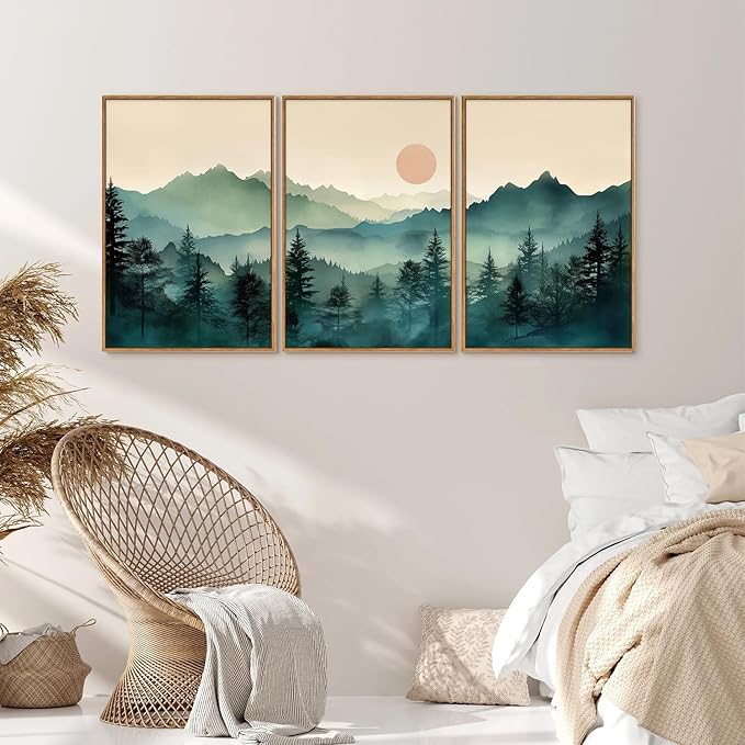 SIGNINART Large Boho Mountain Framed Canvas Wall Art Set, Nature Pine Tree Wall Painting, Abstract Foggy Forest Wall Decor, Modern Sunrise Art Prints for Bedroom Living Room and Office - 16"x24"x3