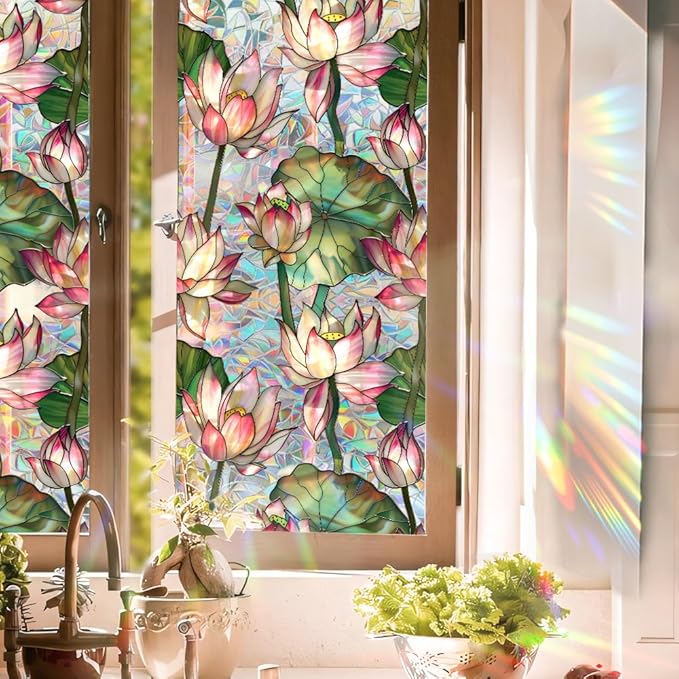 Window Film, Stain Lotus Flower Glass Film Rainbow Floral Static Glass Window Clings Stickers for Home Office Living Room Bedroom Windows Door Decor 16.93 x 39.37 Inches