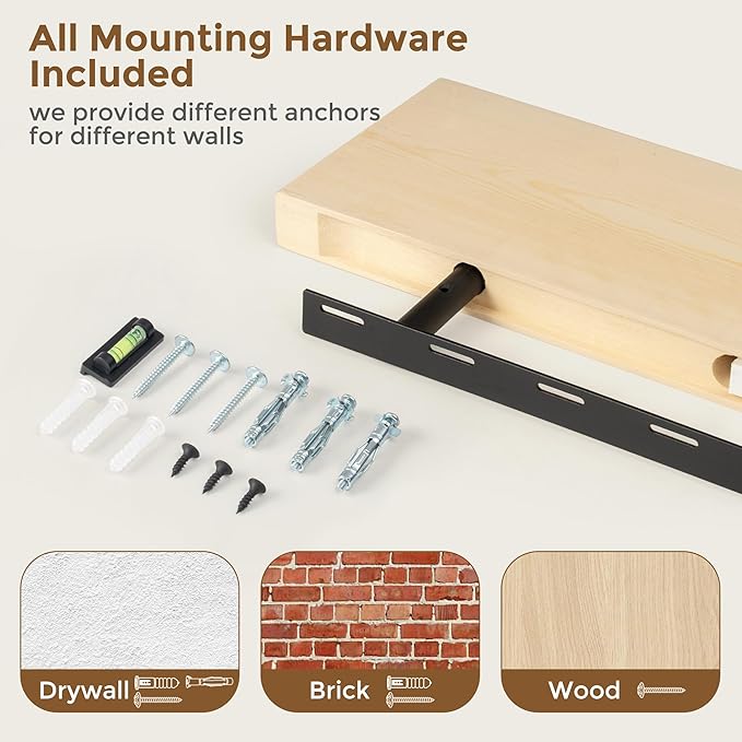 Marsmiles Floating Shelves for Wall - 55 Inch Natural Wood Floating Shelves Set of 1-55 Inch Wide x 7.7 Inch Deep x 1.6 Inch Thick Natural Wooden Shelves for Room Wall