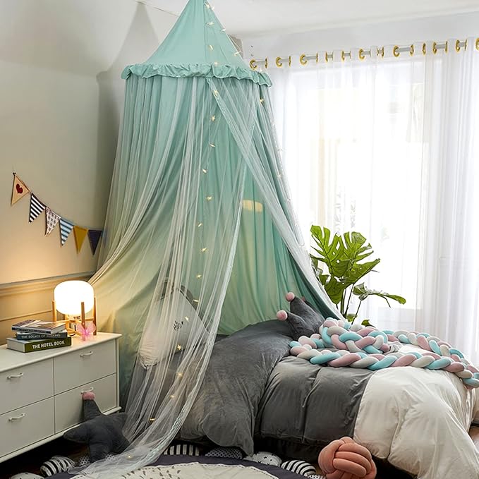 VETHIN Bed Canopy for with Lights,Double Layer Princess Round Dome Dreamy Mosquito Net Bedding Girls Room Castle Play Tent Hanging House Decor Reading Nook Canopies(Green/White)