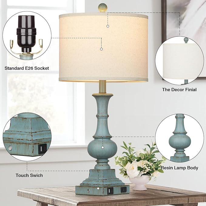 Farmhouse Table Lamps Set of 2, 26" Vintage Rustic Touch Control 3-Way Dimmable Bedside Lamp with USB A+C Ports & AC Outlet, Blue Nightstand Lamp for Living Room Bedroom End Table(LED Bulbs Included)