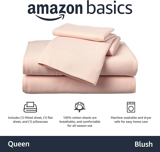Amazon Basics 4 Piece Bed Sheets Set, 100% Cotton Jersey, Includes Super Soft, Flat and Fitted Sheets, Pillowcase, Queen, Blush, Solid