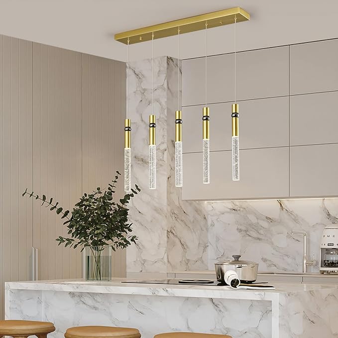 5 Light Pendant Lighting Dining Room Light Fixture Dimmable LED Modern Gold Pendant Light with Bubble Crystal Pendant Lights Kitchen Island
