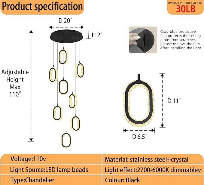 Black 8 Rings Crystal Chandelier for Foyer Stairwell High Ceiling Chandelier Dimmable Oval Crystal Ring Pendant Light
