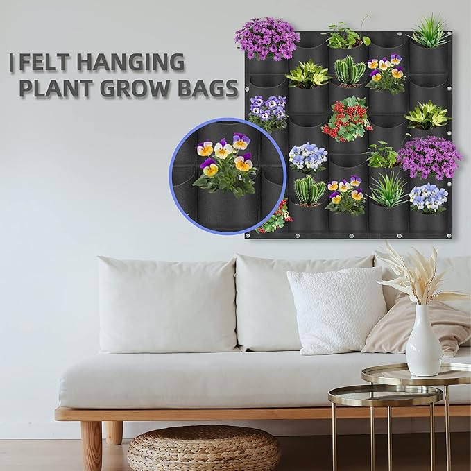 25 Pockets Hanging Planter Bags, Hanging Vertical Wall Mounted Plant Planting Grow Bags, Herb Garden Planter Outdoor Indoor Growing Bag, Gardening Vertical Greening Flower Container(1m×1m, Black)