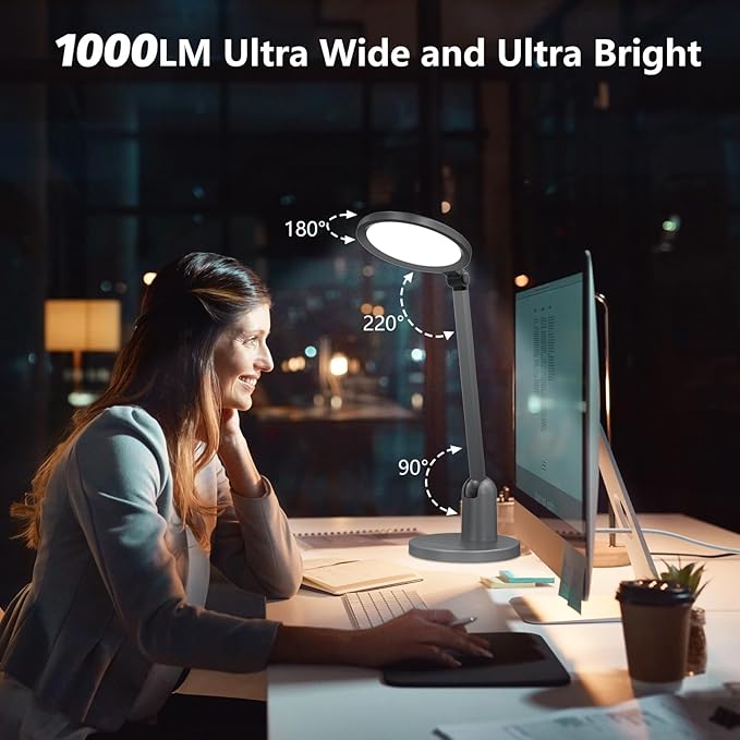 Desk Lamps for Home Office with Stable Base, 1000LM Ultra Bright Eye-Caring LED Desk Light, 3000K-6000K Dimmable Table Lamp with Stepless Dimming & Timing Function for Work, Reading, Bedroom, Bedside